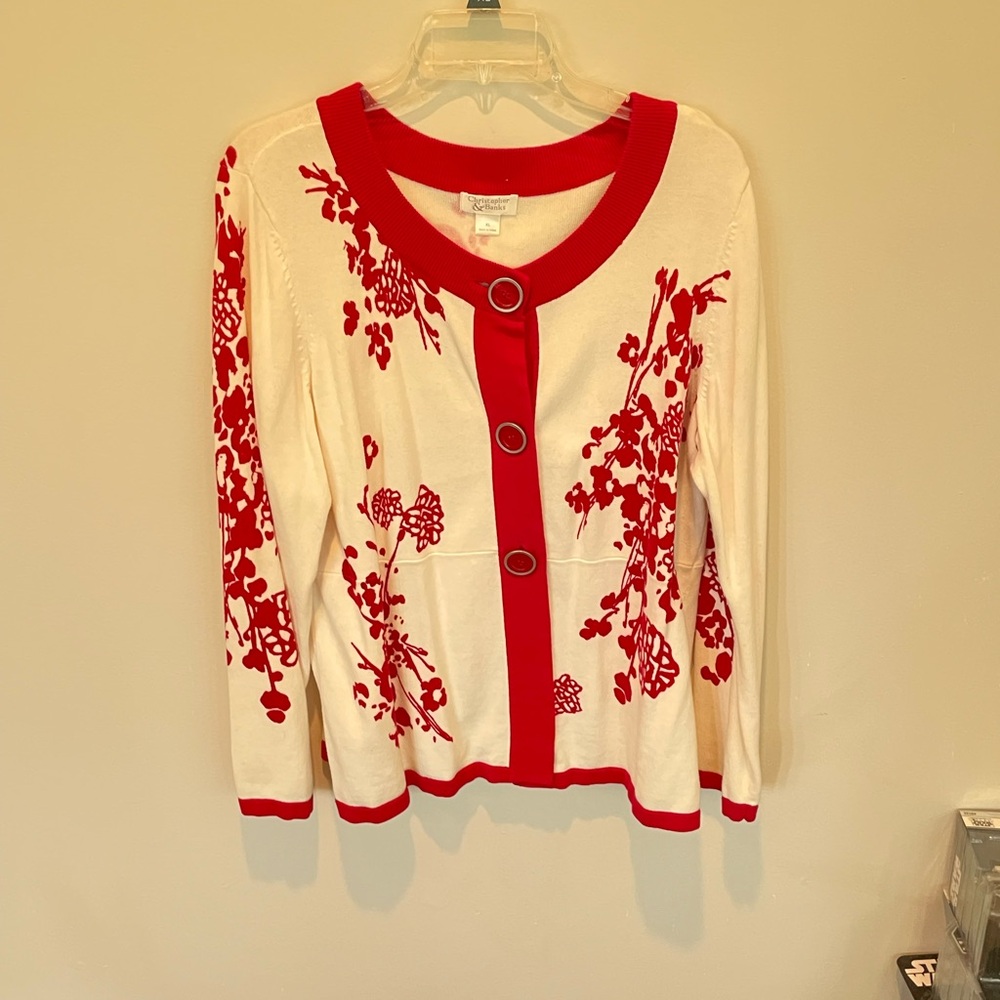 Women's Red and White Floral Sweater